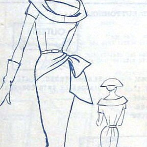 May include: A line drawing of a woman wearing a dress with a wide, draped neckline and a bow at the waist. The dress is shown in two views, front and back. The woman is also wearing a hat.