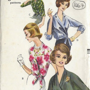 May include: A vintage sewing pattern for a wrap blouse. The pattern is for sizes 16-36 bust and is from March 1961. The pattern shows four different styles of the blouse, each with a different neckline and sleeve length. The pattern is in good condition and has been well-preserved.