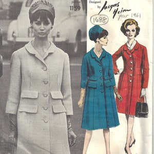 May include: A vintage Vogue Paris Original sewing pattern designed by Jacques Heim, year 1961, pattern number 1159. The pattern features three women wearing different coats. The woman on the left is wearing a white coat with pockets, the woman in the middle is wearing a blue coat, and the woman on the right is wearing a red coat.