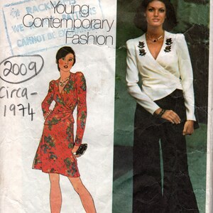 May include: A vintage sewing pattern for a wrap top and pants. The pattern is from Simplicity and is for size 12, bust 34. The pattern is from 1974 and is called "Young Contemporary Fashion".