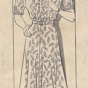 Puede incluir: Un patrón de costura vintage para un vestido con estampado floral. El patrón incluye un vestido con un corpiño ajustado y una falda completa, así como un sombrero. El número del patrón es 9064.