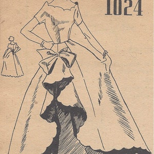 May include: A vintage sewing pattern illustration of a woman wearing a formal gown with a large bow at the waist. The pattern number 1024 is printed in the top right corner of the image. The gown is white with a black underskirt and a black trim around the neckline.