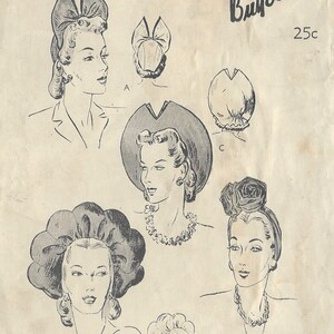Peut inclure: Patron de couture vintage pour quatre styles de chapeaux différents. Le patron date des années 1940 et est conçu pour une taille de tête de 54,6 cm. Le patron est appelé "Butterick" et coûte 25 cents.