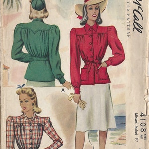 May include: Vintage sewing pattern for a jacket in a red, white and blue colour scheme. The pattern is from McCall's and is for a misses' jacket, size 12, bust 30. The pattern is dated 1941.