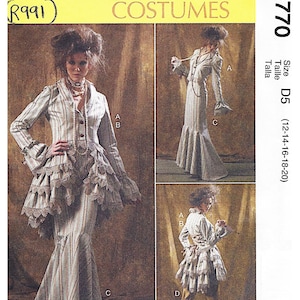 May include: McCall's Costumes sewing pattern M6770. The pattern features a striped costume with a jacket, skirt, and pants. The jacket has a ruffled peplum and sleeves. The skirt is a mermaid style. The pattern includes sizes D5 (12-14-16-18-20).