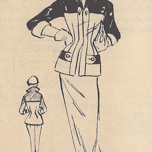 May include: A black and white line drawing of a woman wearing a two-piece suit dress. The dress has a contrasting top and skirt. The drawing is from a vintage fashion magazine and includes the text "1137 - Two-piece, unlined suit dress for a most unusual contrast of wool and velveteen or to be made up by many in one fabric. An open-end zipper is used for the clever jacket closing."