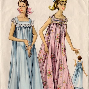 May include: Vintage sewing pattern for a nightgown, featuring two models wearing different styles. The pattern is from Economy Design, No. E 94, size 34, circa late 1940s.