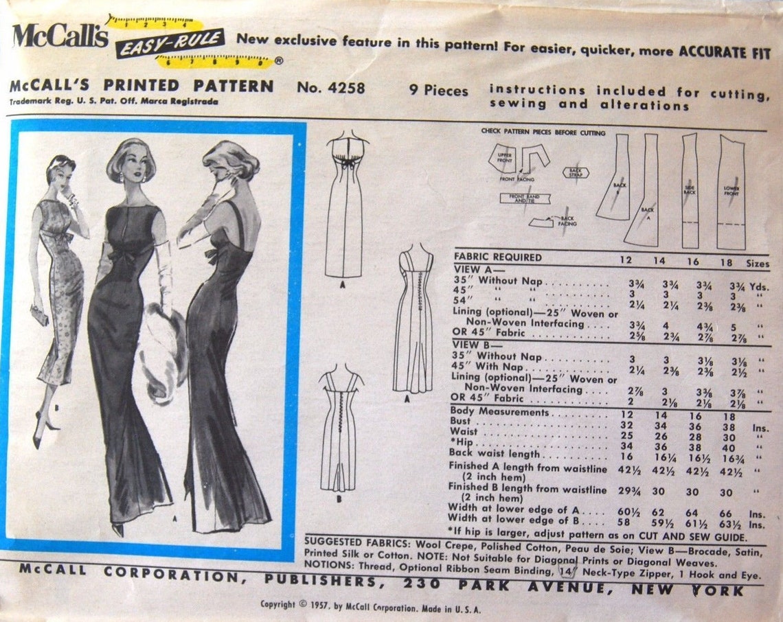 1957 Vintage Sewing Pattern B36 EVENING DRESS (1675) by Pauline Trigere ...