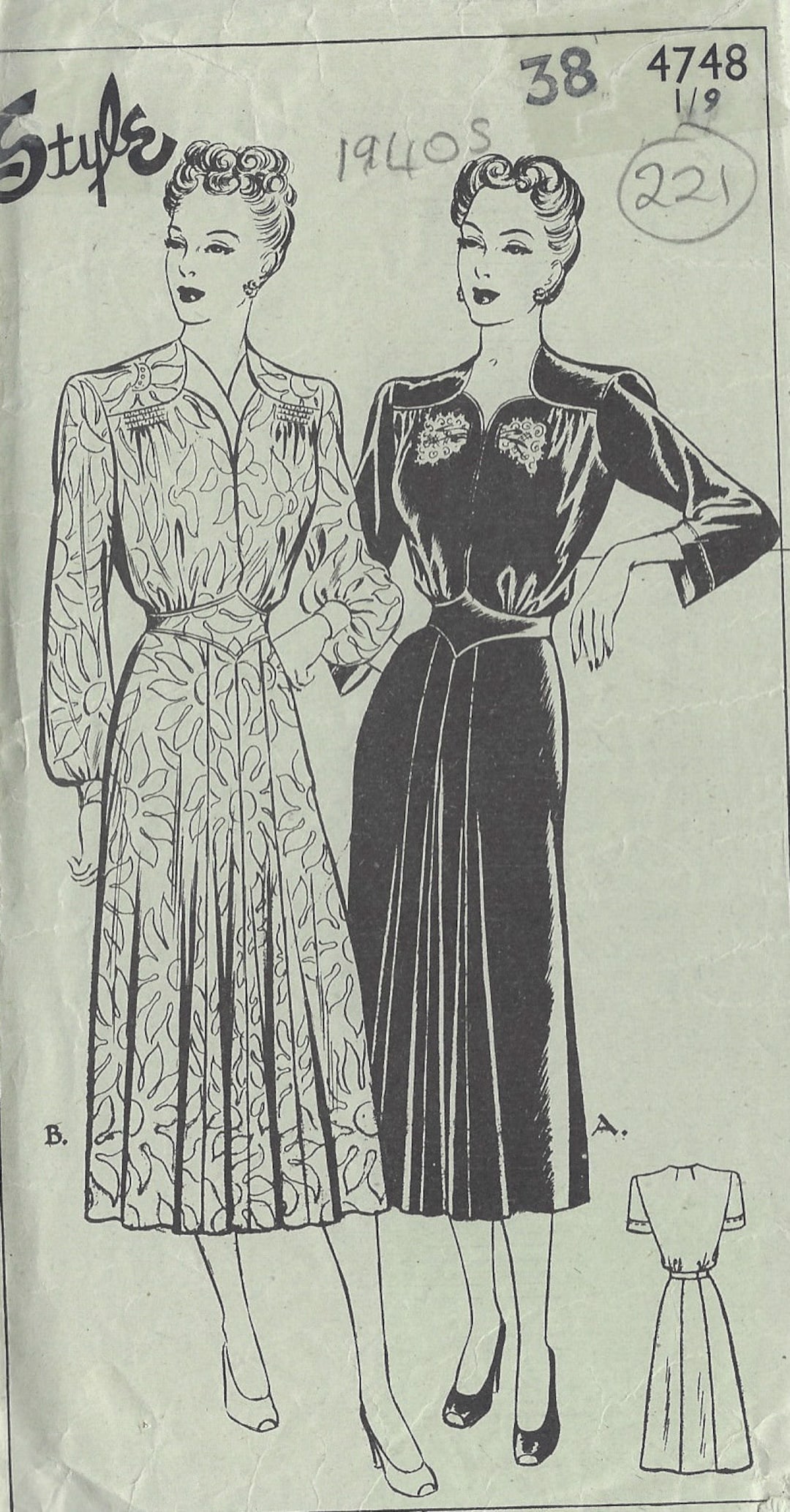 V1947 Pattern 194os Vintage Sewing Pattern DRESS B38