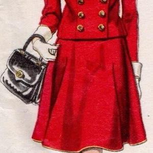 May include: A red two-piece suit featuring a double-breasted jacket with a wide white collar and gold buttons, paired with a matching knee-length skirt. The ensemble includes a white headpiece, white gloves, a black handbag, and black shoes.