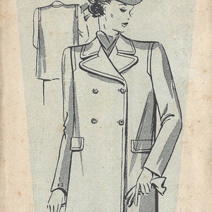 Op de afbeelding: Een vintage naaipatroon voor een dubbelrijig jasje, met een tekening van een vrouw die het jasje draagt. Het patroonnummer is 154683 en de maat is 1089. Het patroon is voor een jasje tot aan de knokkels en is uit de jaren 1940.