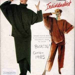 May include: Vogue Patterns Individualist sewing pattern with Issey Miyake designs. The cover shows illustrations of a dark green outfit and a brown ensemble. The bust size is 86 cm. The pattern is from circa 1985.