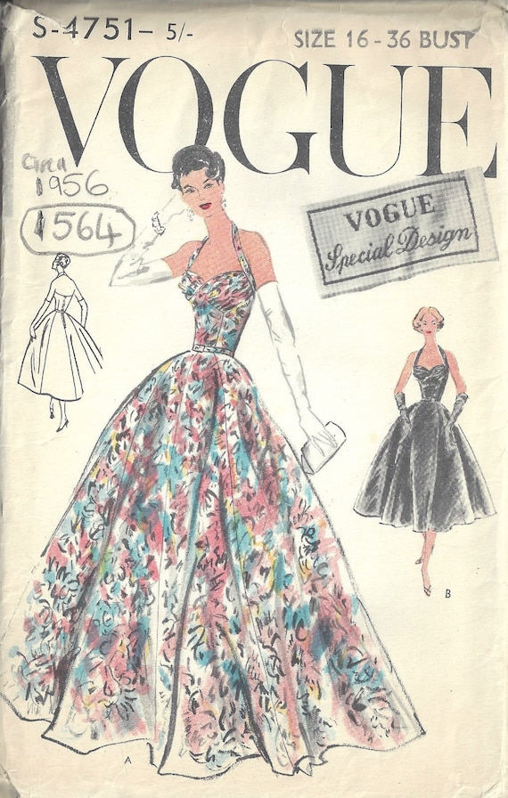 1956 Vintage VOGUE Sewing Pattern B36″ EVENING DRESS (1564) By Vogue S-4751