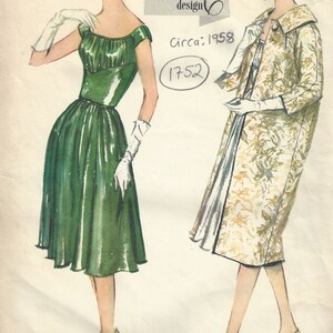 May include: A vintage Vogue Couturier design pattern from circa 1958. The pattern number is 1752. The pattern includes two dresses, one green and one floral print.