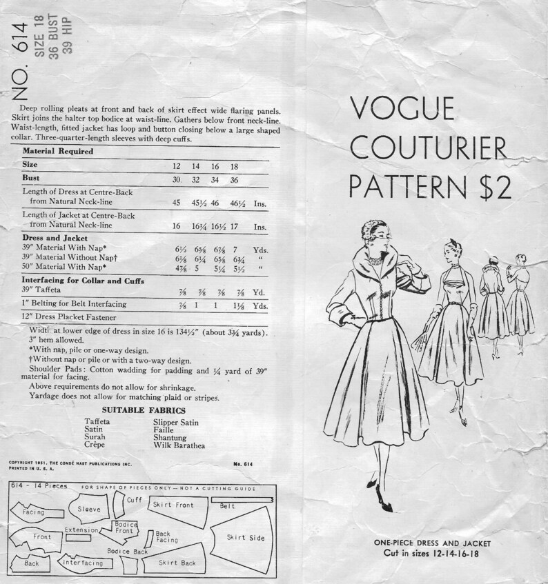 1951 Vintage VOGUE Sewing Pattern B36 DRESS & JACKET 1407 Etsy