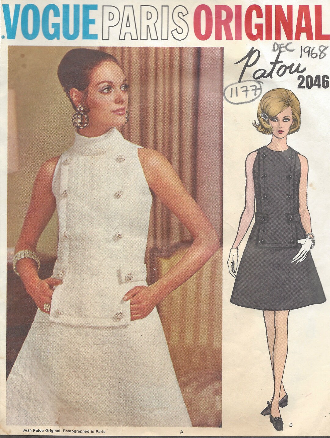 Robe & Manteau Vintage Vogue By Patou 1968 - Motif Couture - Taille B32 - Neuf