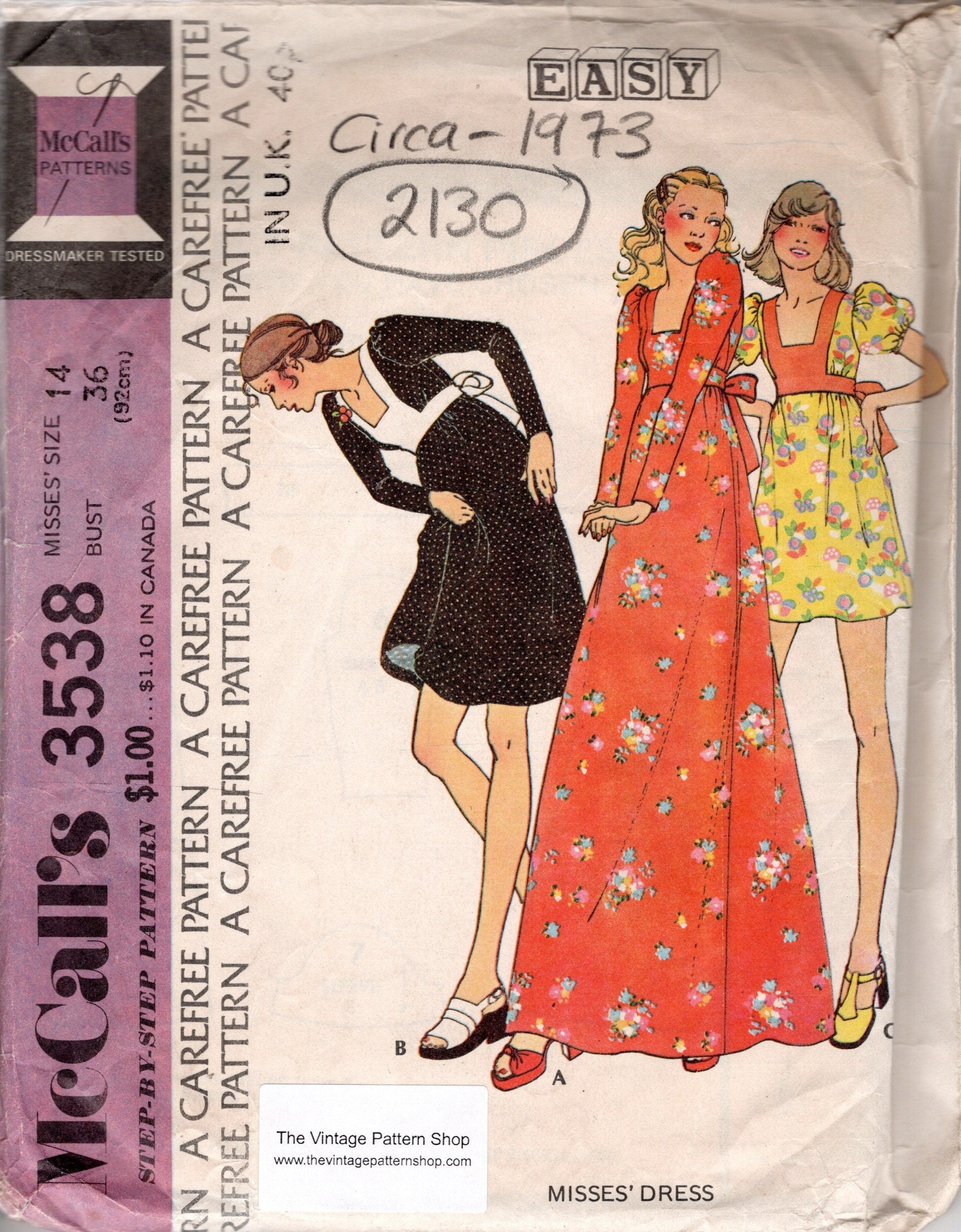 1970 Vintage Sewing Pattern Bust 34in Dress (2046) Style 2978