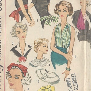 May include: A vintage sewing pattern featuring six different styles of women's tops. The pattern is from 1958 and includes a variety of necklines, sleeves, and embellishments. The pattern is labeled "R364" and "Leggett's Dept. Store, Hampton, Virginia".