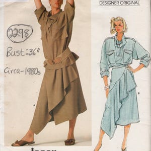 Może przedstawiać: Vintage wzór wykroju Vogue, projekt Issey Miyake, z topem i spódnicą. Wykrój jest przeznaczony dla obwodu biustu 91 cm i pochodzi z lat 80., oznaczony napisem "Circa-1980s". Numer wykroju to 1384.