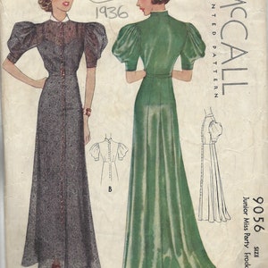 May include: Vintage McCall's sewing pattern for a Junior Miss Party Frock, size 16. The pattern shows a long, green dress with puffed sleeves and a button-up front. The pattern number is 9056 and the year is 1936.