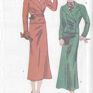 May include: A vintage sewing pattern for a two-piece suit with a jacket and skirt. The pattern is for Butterick pattern number 36. The suit is shown in two different colors: a red suit and a green suit. Both suits have a collarless jacket with a double-breasted closure and a skirt with a fitted waist.