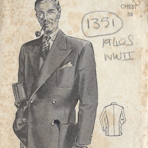 May include: A vintage sewing pattern for a blazer, with a drawing of a man wearing the blazer. The pattern number is 915, the chest size is 38, and the pattern is dated 1940s WWII.