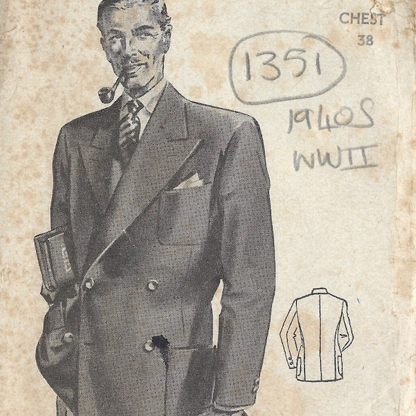 1940s WW2 Vintage Sewing Pattern MEN'S JACKET BLAZER C38" (1351) By Weldons 915