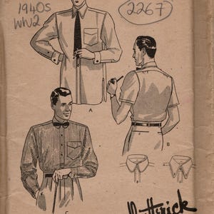 1940s WW2 Vintage Sewing Pattern Neck 15in Mens Shirt (2267) Butterick 8236