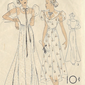 Peut inclure: Patron de couture Advance Patterns vintage des années 1930, avec des illustrations de robes élégantes. Le patron est de taille 14, avec un tour de hanches de 89 cm et une longueur finie de 147 cm. L'image comprend également le texte "Advance" et "1616".