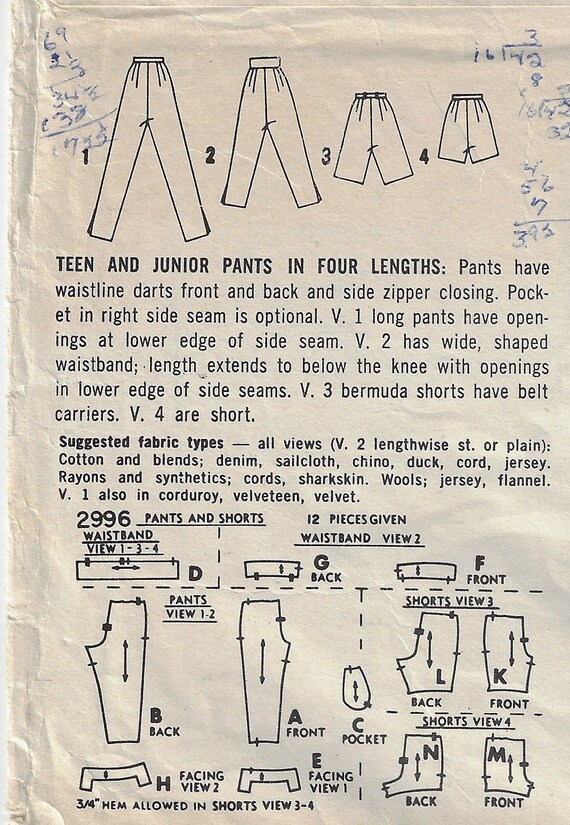1950s Vintage Sewing Pattern B34″ PANTS & SHORTS (R929) by