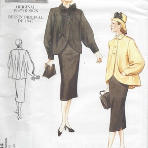 May include: Vintage sewing pattern for a skirt and jacket set. The pattern is from 1947 and features two women wearing the outfit. The jacket has a large bow at the neck and the skirt is knee-length. The pattern is labelled "Vogue Vintage Model Original 1947 Design Dessin Original de 1947" and "2444 Pattern/Patron Size/Taille 12-14-16".