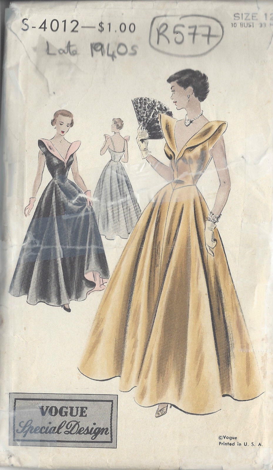 Patron De Robe Vintage Vogue Couture 1948 - Taille B34 (91,4-96,5 Cm) - Neuf, Pièces Non Découpées - Modèle R390