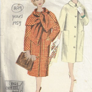 May include: Vintage Vogue Couturier design pattern for a coat. The pattern is from 1959 and is number 1679. The image shows two women wearing different styles of coats. One coat is red and white checkered with a large bow at the neck. The other coat is white and has a more classic style.
