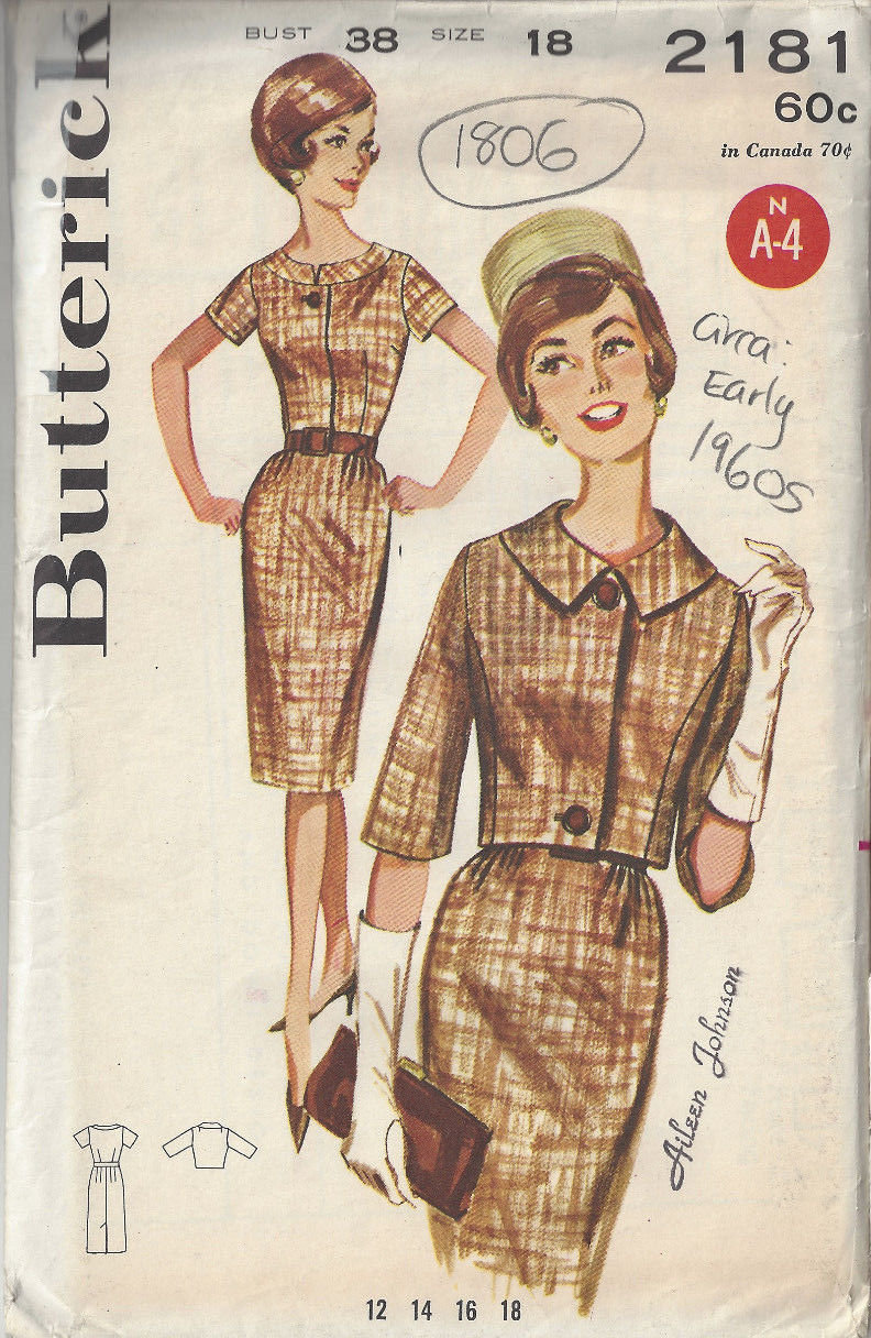 1960s Vintage Sewing Pattern B38 Dress & Jacket (1806) Butterick 2181 – As seen on TV SEWING BEE