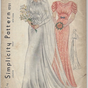 1939 Vintage Sewing Pattern B36 WEDDING & BRIDEMAID DRESS (R851) Simplicity 1751