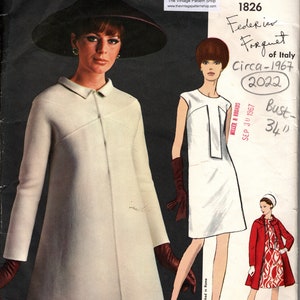 May include: Vintage Vogue Couturier Design sewing pattern, number 1826, for a dress by Federico Forquet, circa 1967. The pattern is for a bust size of 34 inches.