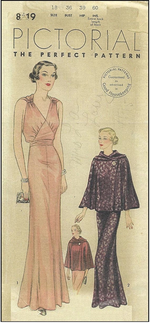 1939 Vintage Sewing Pattern B36in CAPE & EVENING DRESS (R958R) by Pictorial 8119 - Etsy 1939 Vintage Sewing Pattern B36in CAPE & EVENING DRESS (R958R) by Pictorial 8119 - Etsy
