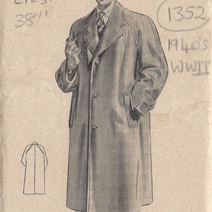 1940s WW2 Vintage Sewing Pattern MEN’S RAGLAN OVERCOAT C38&quot; (1352) By Weldon&#39;s 1336