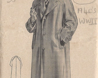 1940s WW2 Vintage Sewing Pattern MEN'S RAGLAN OVERCOAT C38