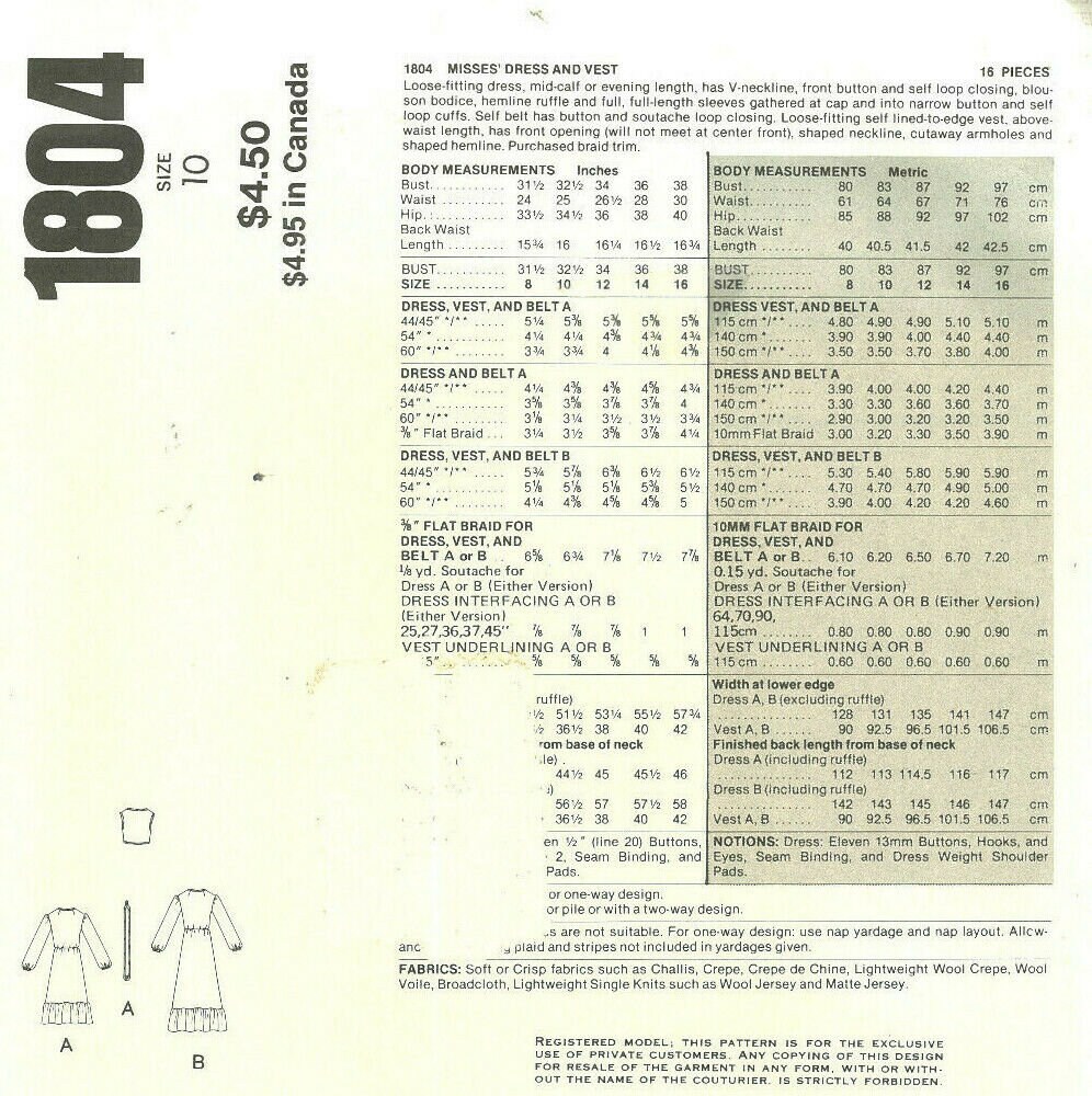 V1979 Pattern 1979 Vintage VOGUE Sewing Pattern DRESS & VEST B32.5″ (1907) by ...