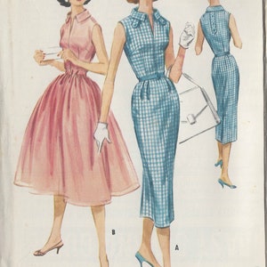 May include: Vintage 1957 sewing pattern for two dresses. The pattern is for a sleeveless dress with a gingham print and a sleeveless dress with a solid pink skirt and a white top.
