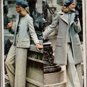 May include: Vintage Vogue Paris Original sewing pattern featuring two women modeling Pierre Balmain designs. The outfits include a light gray and white checkered suit and a gray overcoat with matching pants. The bust size is 38 inches.