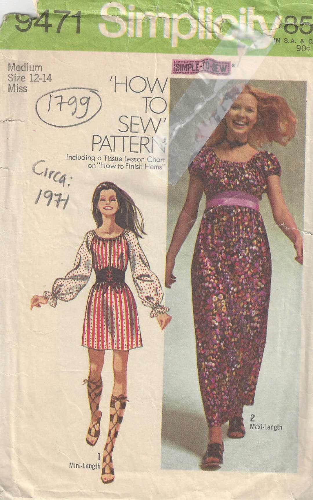 1971 Vintage Sewing Pattern B34-36 MINI & MAXI LENGTH Dress (1799 ...
