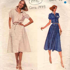 Puede incluir: Un patrón de costura vintage para un vestido con botones y una falda. El patrón es de Vogue American Designer, circa 1979, y es para un contorno de pecho de 86 cm. El número del patrón es 1871.