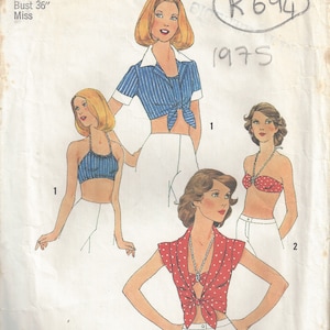 1975 Vintage sömnadsmönster B36 topp, halterneck topp och bh (R694) Simplicity 7008