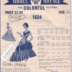 May include: Vintage sewing pattern for a 1960s evening dress with a gathered skirt and contrasting bands. The pattern is for size 14 and includes 12 pieces. The pattern number is 1624 and the price is $2.00.