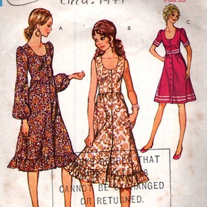 May include: Vintage sewing pattern for a dress, featuring three different styles. The pattern is from 1971 and is for a Junior Petite size 13 with a bust size of 35 inches. The pattern is titled "Style 3104".