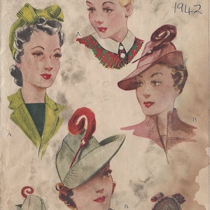 May include: A vintage illustration from 1942 showcasing various women's hat designs. The image includes a green bow hat, a tartan turban, and a hat adorned with a red feather. The artwork is presented in a classic, retro style.