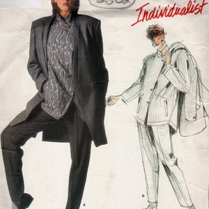 May include: Vintage Vogue Individualist pattern from 1986, size 12. The pattern features a woman's suit with a long coat and trousers. The design is by Issey Miyake. The pattern includes the text "Circa-1986" and "The Vintage Pattern Shop".