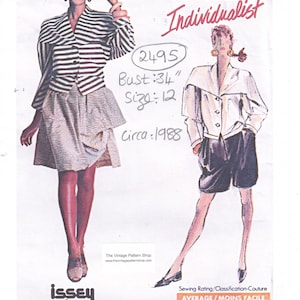 May include: A Vogue Patterns Individualist sewing pattern envelope, number 2495, for a size 12 with a 34-inch bust, dated circa 1988. The cover features illustrations of a striped jacket and skirt ensemble, and a separate jacket and shorts outfit.